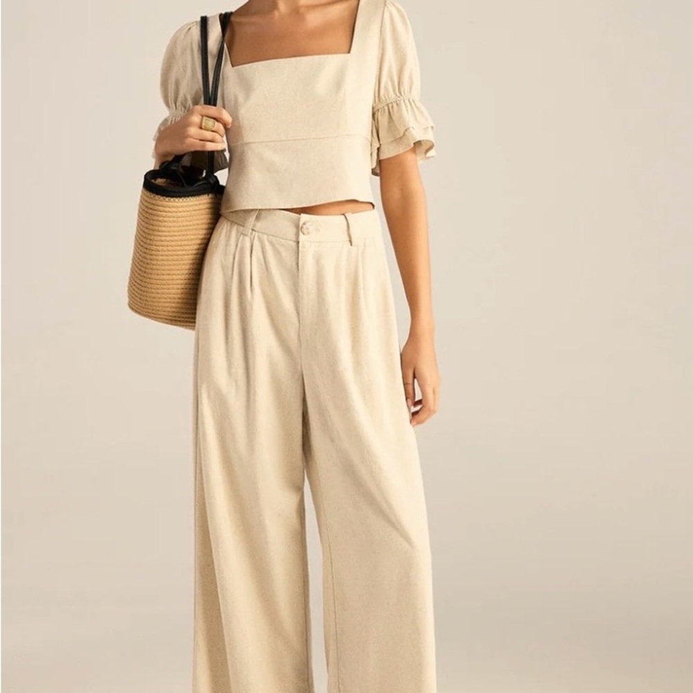 Commense Cotton & Linen Puff-Sleeves Bow-Back Top and Pants Set XS